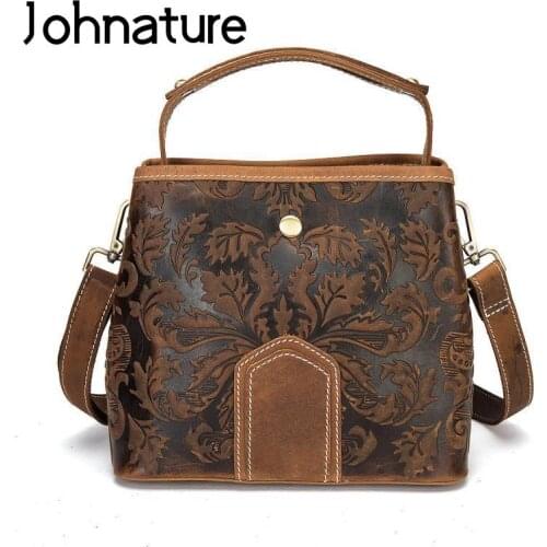 Johnature Retro Genuine Leather Women Bucket Bag 2021 New Leisure Portable Handbag Versatile Cowhide Shoulder & Crossbody Bags