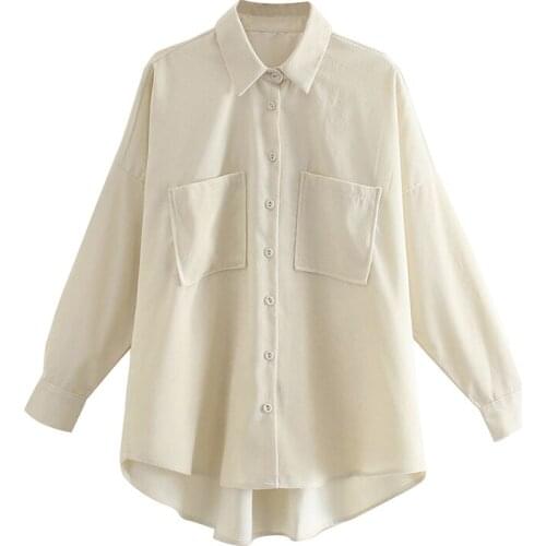 Women 2021 Fashion Pockets Oversized Corduroy Shirts Vintage Long Sleeve Asymmetric Loose Female Blouses Chic Tops