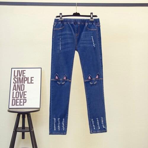 Extra-large Womens Autumn Jeans High-waist Stretch-leg Pants Trousers Women Plus Size Jeans Cat Embroidery Women Pants