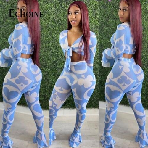 Echoine Women Ruffle Print Sheer mesh Two Piece Set Spring 2021 Sexy Club Outfits Crop Top and Pants Suit Matching Party Sets