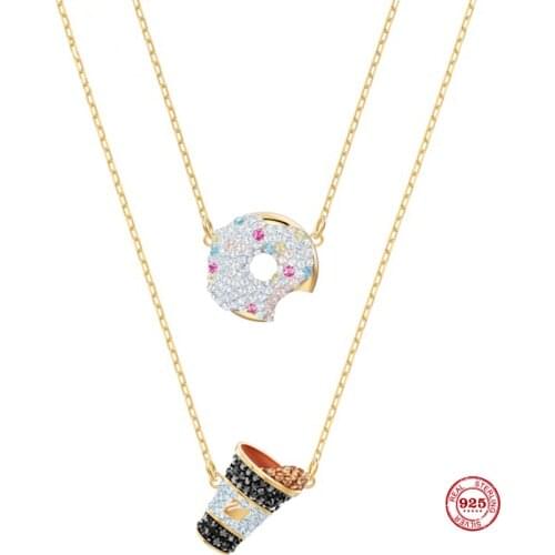 2020 New Fashion Charm Pure 925 Silver Original 1:1 Copy, Donut Coffee Pattern Fun Full Necklace Female Luxury Jewelry Gifts