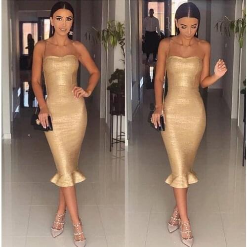 Wholesale Women Summer Sexy Strapless Gold Midi Mermaid Bronzing Bandage Dress 2021 Designer Fashion Evening Party Dress Vestido