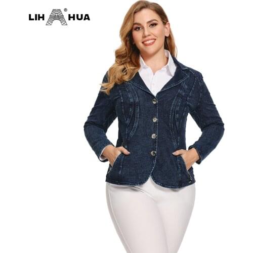 LIH HUA Womens Plus Size Tailored Denim Coat Cotton Knitted Busine Suit Fashion Cotton Knitted Jacket