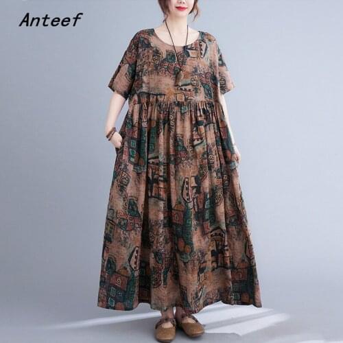 Short sleeve cotton vintage floral dresses for women casual loose long woman summer dress elegant clothes 2021
