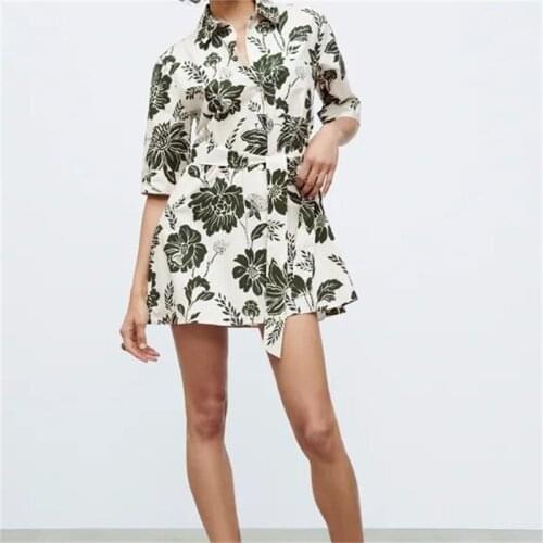 MESTTRAF Women 2021 Fashion Tropical Floral Print Singe Breasted Shirt Dress Vintage Short Sleeve Summer Bow Sashes Dresses