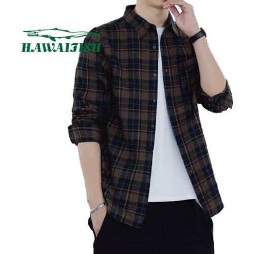 2021 spring mens Hong Kong style retro lapel plaid shirt wild youth trendy shirt Korean version of popular plaid shirt 3XL