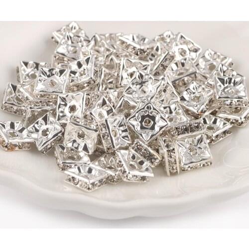 100pcs Silver Plated Square Rhinestone Rondelle Crystal Big Hole Loose Spacer Beads for DIY Jewelry Making Accessories Supplie