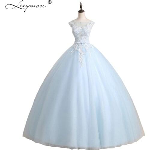Leeymon Ball Gown Scoop Long Lace Quinceanera Dress Blue Cheap Plus Size Quinceanera Dresses ZY168