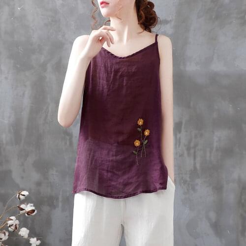 Womens Tank Top LooseThin Shoulder Strap Sling Straps Tops Linen Cotton V Neck Halter Top Embroidery Solid Casual Camisole