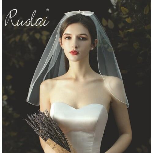 Cute Short Wedding Veil 2020 Single Layer Pencil Edge Bridal Tulle Veils with Bow Wedding Accessories velo de novia largo
