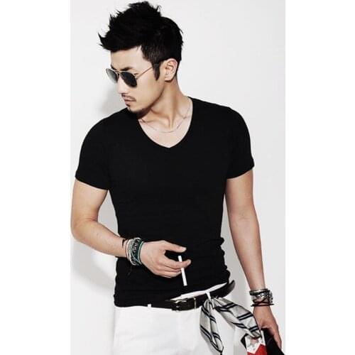 Mens short sleeve T-shirt, solid color bottoming shirt, mens V T-shirt, tide T-shirt