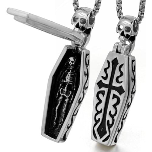 Fashion Punk Stainless Steel Necklace Classic Cross Coffin Skull Pendant Necklace For Men Accessories Jewelry Gift