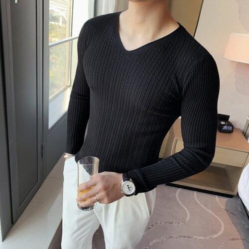 2021 new mens fashion brand V-neck casual knitted pullover bottoming sweater muscle brothers long-sleeved sweater Slim men