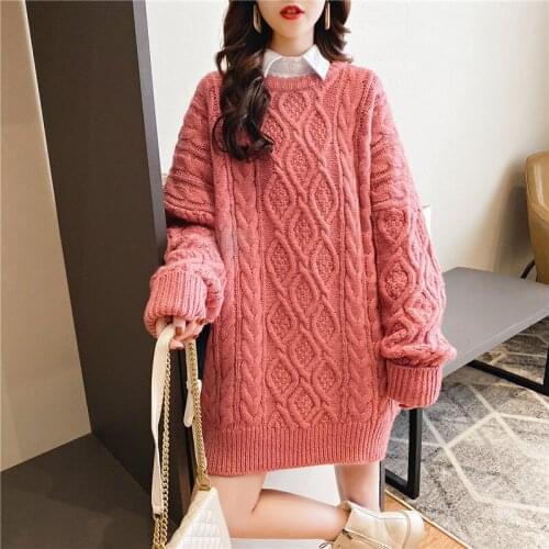 2021 New Womens pullovers sweater dress O-neck knitted thicken mid-length winter elegant lazy loose free size female sweater