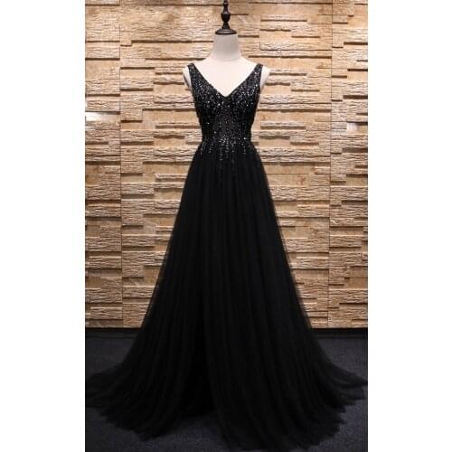 Charming V-Neck Black Prom Dresses Party Gowns Tulle Beading Corset Side Split Vestidos De Festa Formal Women Pageant Dresses