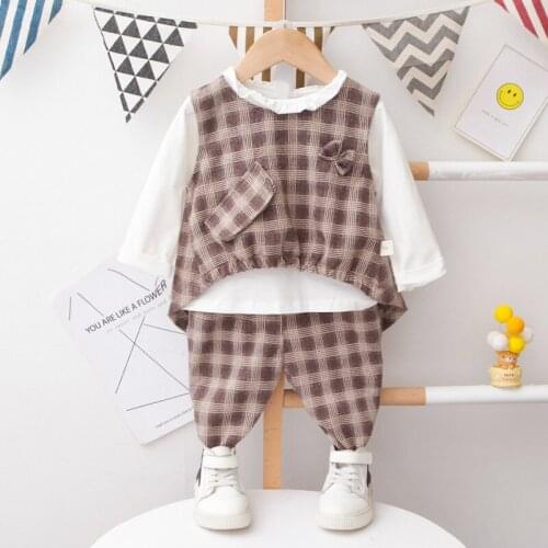 2021 Autumn Baby Girl Autumn Clothes Kids Designer New Plaid Vest + T-shirts + Pants Three Piece Christmas Outfit Jogging Suits