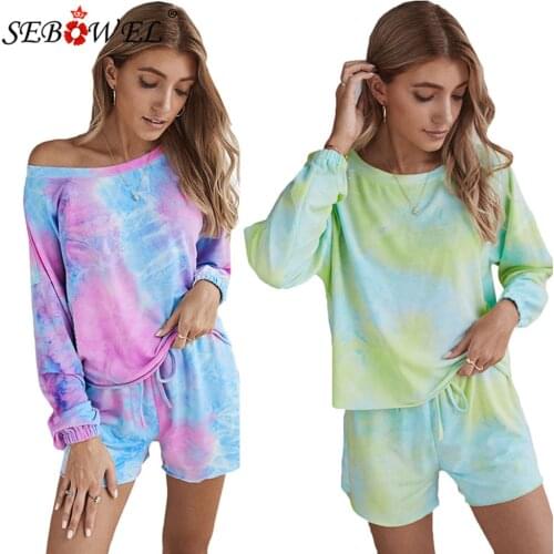 SEBOWEL Autumn Winter Womens Tie-dye Print Loungewear Suit Female Casual Long Sleeve Tops + Drawstring Shorts Sets Tracksuit