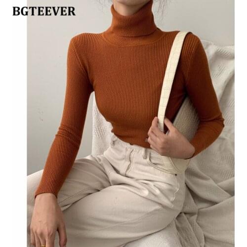 BGTEEVER Casual Slim Ladies Turtleneck Sweaters Tops Autumn Winter Full Sleeve Women Basic Solid Knitting Pullovers 2021