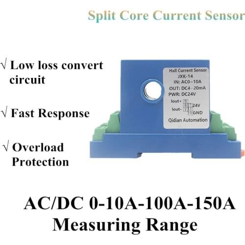 Split Core Hall Current Sensor DC 10A 20A 30A 50A 100A 150A Input 0-10V 4-20mA Analog Signal Converter Current Transmitter