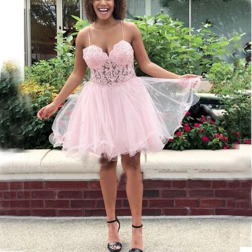 YiMinpwp Pink Homecoming Dresses Spaghetti Backless Short Appliques Beads Mini Girls Prom Party Gowns for Sweet 16 Plus Size