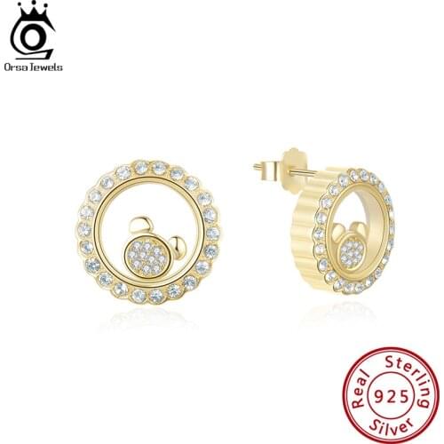 ORSA JEWELS 14mm Real 925 Sterling Silver Stud Earrings with Movable Bear Charms Clear CZ Glass 2 Sides Cute Jewelry Gift EQE29