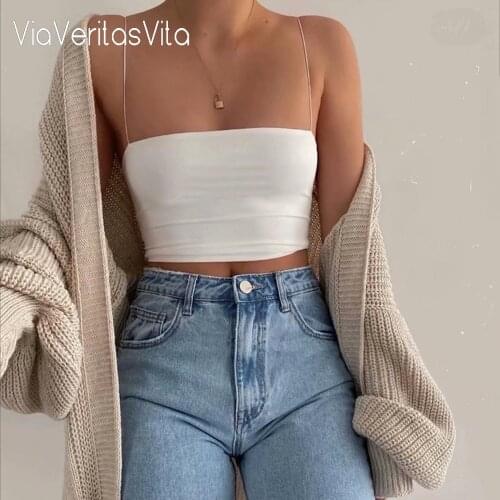 Stylish Korean Ins Style Womens White Blue Skinny Camis Backless Spaghetti Strap Tops For Women 2021 Simple Women Clothes