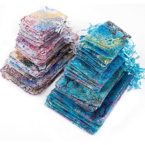 50pcs Gold Printed Jewelry Bag 7x9 9X12 10x15 13x18cm Wedding Gift Organza bag Drawable Jewelry Packaging Display & Pouches