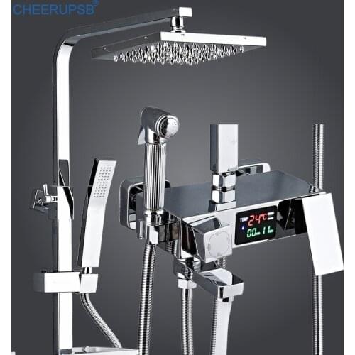 Bathroom LED Digital Display Shower Set Wall Mount Thermostatic Shower System SPA Rainfall Copper Bath Faucet Hot Cold Mixer Tap
