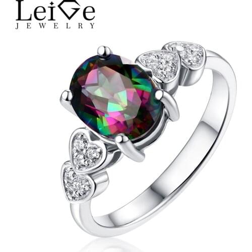 Leige Jewelry Oval Cut Rainbow Mystic Topaz Ring 925 Sterling Silver Rings with Stones for Women Gem Jewelry Romantic Gift