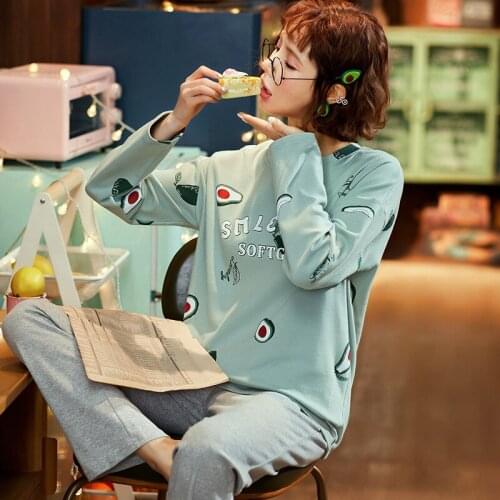 Spring Autumn Cotton Print Pajamas Set for Women Fashion Long-Sleeved Trousers Ladies Casual Sleepwear Suit Home Service