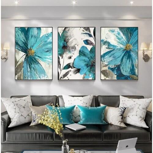 Vintage blue painting flowers abstract canvas decorative painting blooming botanical life print wall art picture living room dec