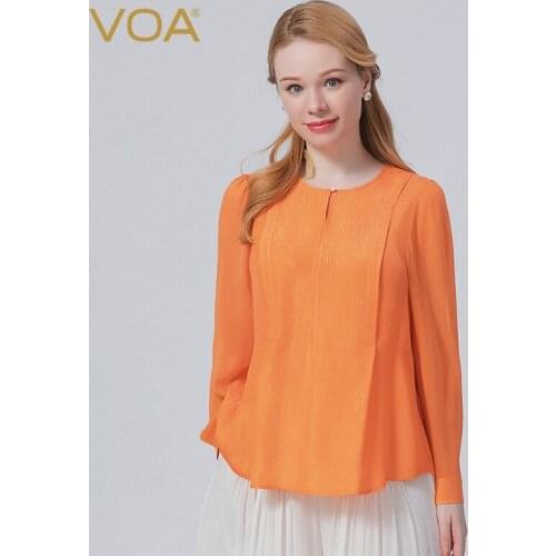 VOA Elegant Embroidered Flares Woman Tshirts O-Neck Solid Long Sleeve Office Lady Tops Loose Silk T-Shirts Autumn Chic New BE769