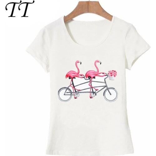 Pink flamingos on tandem bicycle Print T-Shirt New Summer Women t-shirt I Love Cute Flamingo Design casual Tops novelty Tee