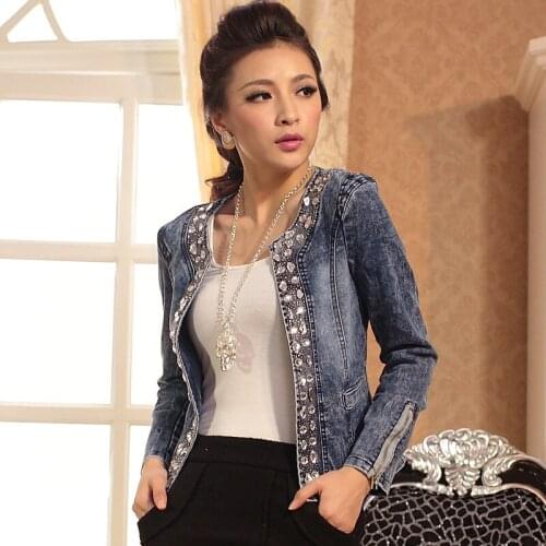 Womens Autumn Blue Plus Size Long Sleeve Sequines Slim Short Denim Jacket Coat Female Fashion New Cardigan Cropped Outwear Coat