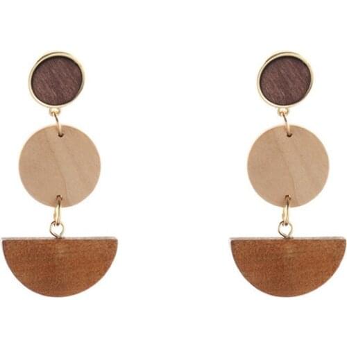 Metal Chain Contrast Color Wood Earrings Geometric Round Half Moon Combination Dangle Earrings Women Creative Trend Jewelry Gift