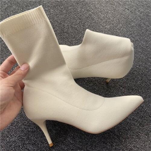 2021 Women Stretch Boots 7cm 9cm High Heels Fetish Lady Quality Ankle Boots Stripper White Low Heels Warm Autumn Winter Shoes
