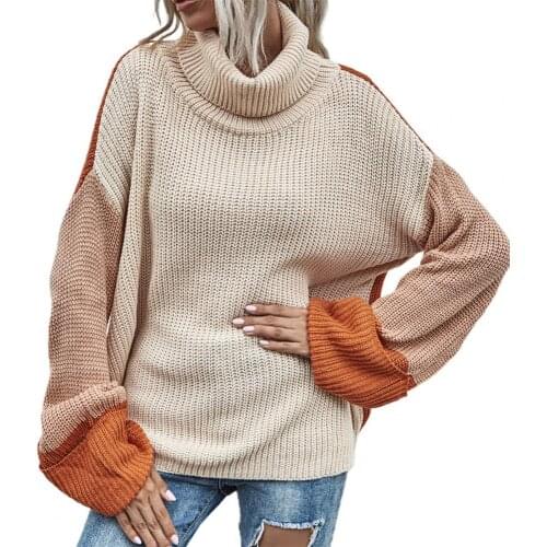 Sweater Contrast Colors Knitted Turtle Neck Flare Sleeve Lady Winter Top Autumn Winter Sweater Women Turtleneck Casual Jumper