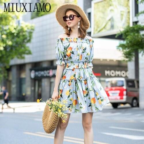 MIUXIMAO High Quality Europe 2020 Summer Dress Newest Short Sleeve Flower Print Elegant Ruffles Mid-Calf Dress Women