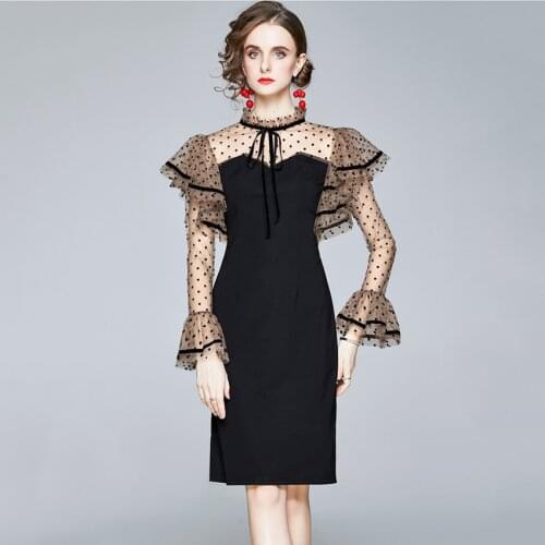 High Quality Fashion Sexy Polk Dot Black Mesh Dress Women Flare Sleeve Slim Waist Office Bodycon Dress Autumn Vestido De Mujer