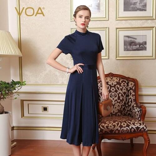 VOA Plus Size Silk Knitted Dress Women Mid Waist Slim Tunic Pleated Dresses Beading Ladies vestido Navy Blue Short Sleeve A7650