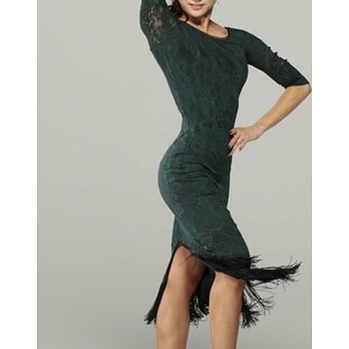 2019 New Latin Dance Dress Women Fringe Salsa Samba Cha Cha Rumba Practice Wear Sexy Lace Split Skirt Ballroom Dancewear DL3514