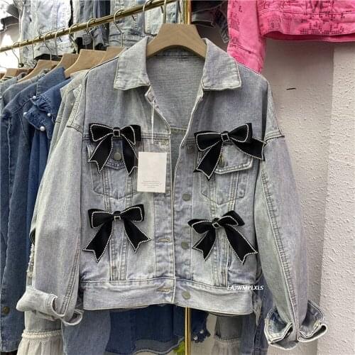 2021 Spring autumn New Rhinestone Bow Denim Clothes for Women Loose Short Jeans Jacket Coat Female Blue Jean Jackets Outwear