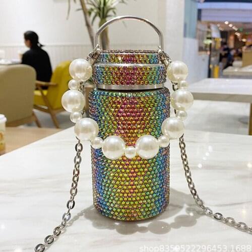 Diamond water bottle Chain pearl 316 Stainless Steel Vacuum Cup tumbler cup color changing cups Gifts for Girls Straight Cup