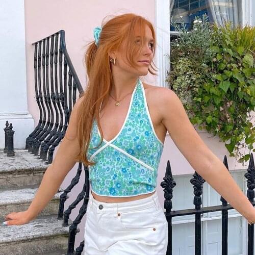 Floral Print Knit Halter Top 2021 Summer V Neck Sexy Backless Y2k Top Fashion Pink Off Shoulder Streetwear Tank Tops for Women