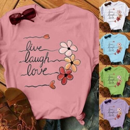 Womens Short-Sleeved Literary Letter Flower Printed T-shirt Graphic Tees Women Unif Harajuku Women Shirts
