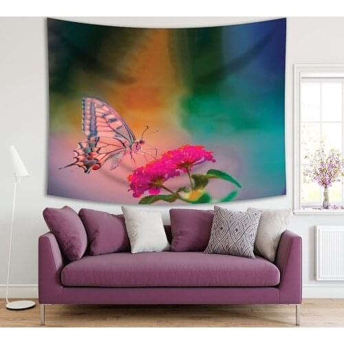 Tapestry Butterfly on Flower Relaxing Nature Meadow with Sun Rays Summer Wildlife Colorful Photo Blue Yellow Green Fuchsia