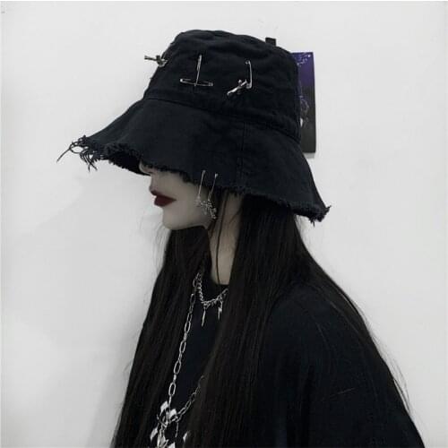 H58E Women Bucket Hip Hop Fisherman Hat Pins Rings Embellished Sun