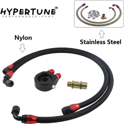 Hypertune - Oil Filter Sandwich Adapter Black + Black g / Stainless Steel Braided AN10 Fuel Hose Line 1Meter + 1.2Meter