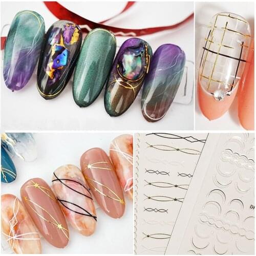 Curved Stripe Line Pattern 3D Nail Stickers Self-Adhesive Transfer Stickers Decals Gold Silver Decoration Tips Papers Nail Tool