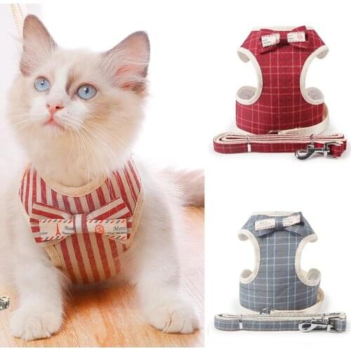 Cute Striped Plaid Korean Bowknot Small Dog Harness Vest And Leash Set No Pull Pets Accessories Puppy Girl Chihuahua Cat Harness